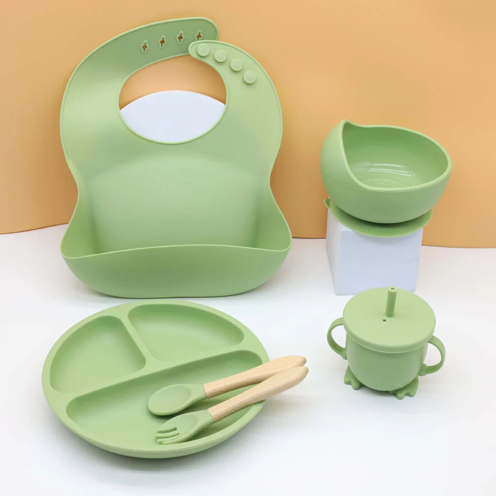 6-Piece Silicone Baby Feeding Set – Bib, Suction Plate, Bowl, Cup & Utensils