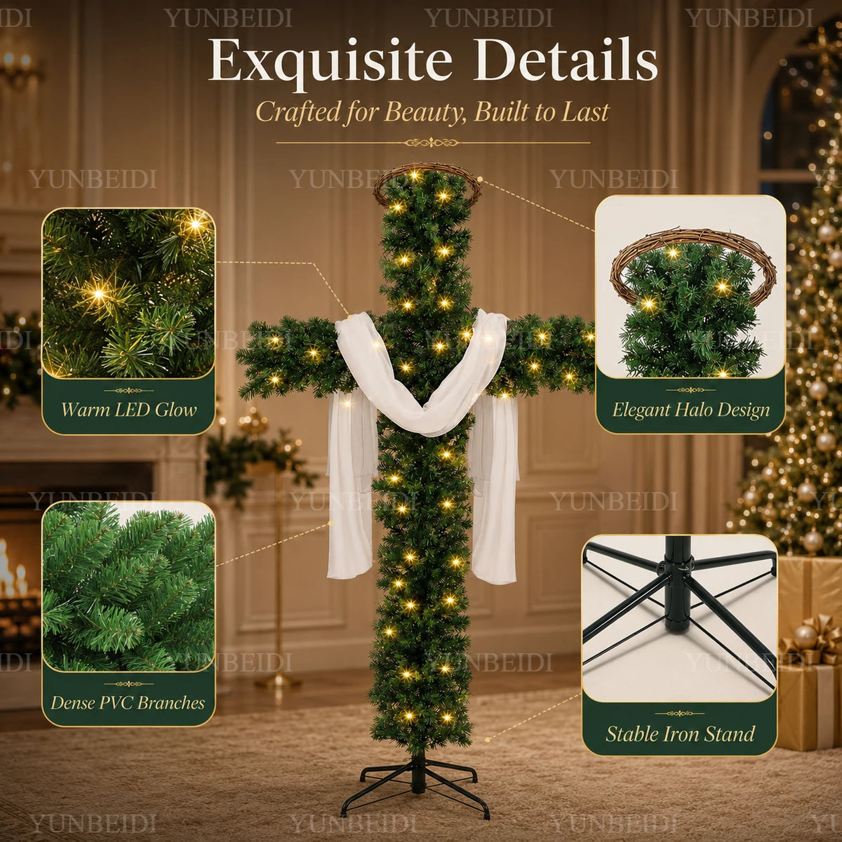 Pre-Lit Cross-Shaped Christmas Tree with Warm LED Lights – 5FT/6FT