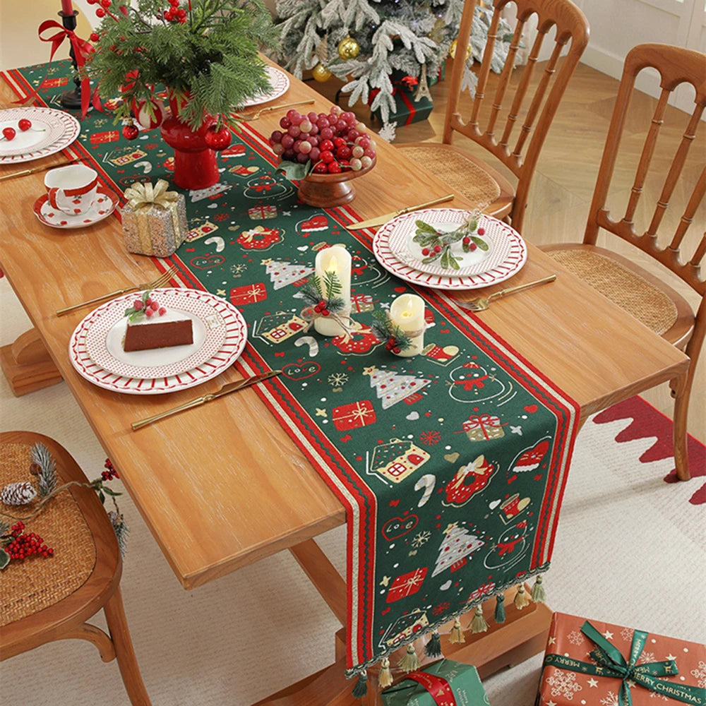 Christmas Jacquard Table Runner with Deer Design & Fringe