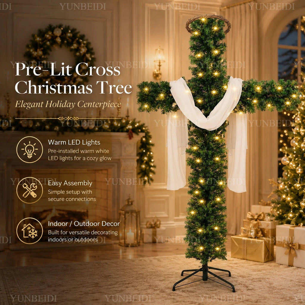 Pre-Lit Cross-Shaped Christmas Tree with Warm LED Lights – 5FT/6FT
