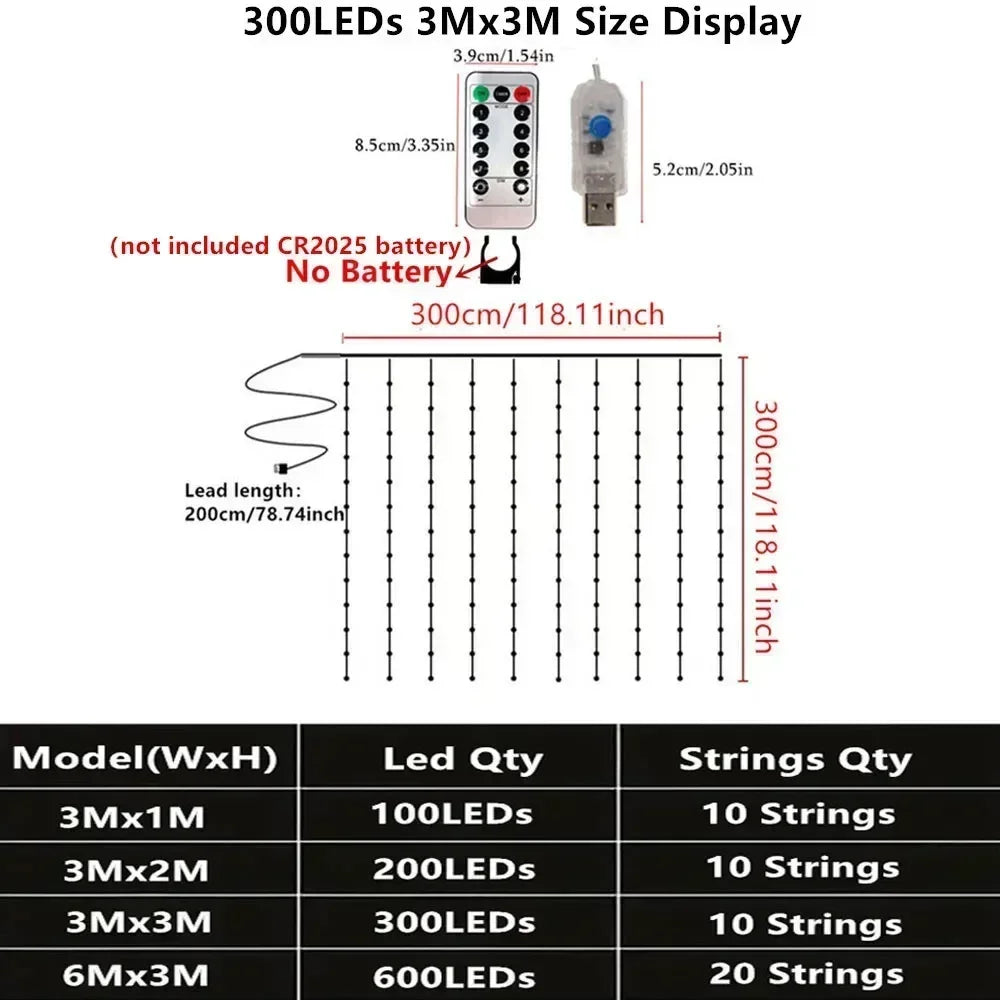 LED Curtain Lights, Fairy Lights, Remote, USB, 8 Modes.