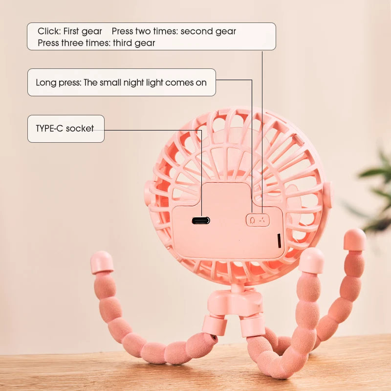 Portable Baby Stroller Fan – Rechargeable Clip-On Fan with Flexible Tripod