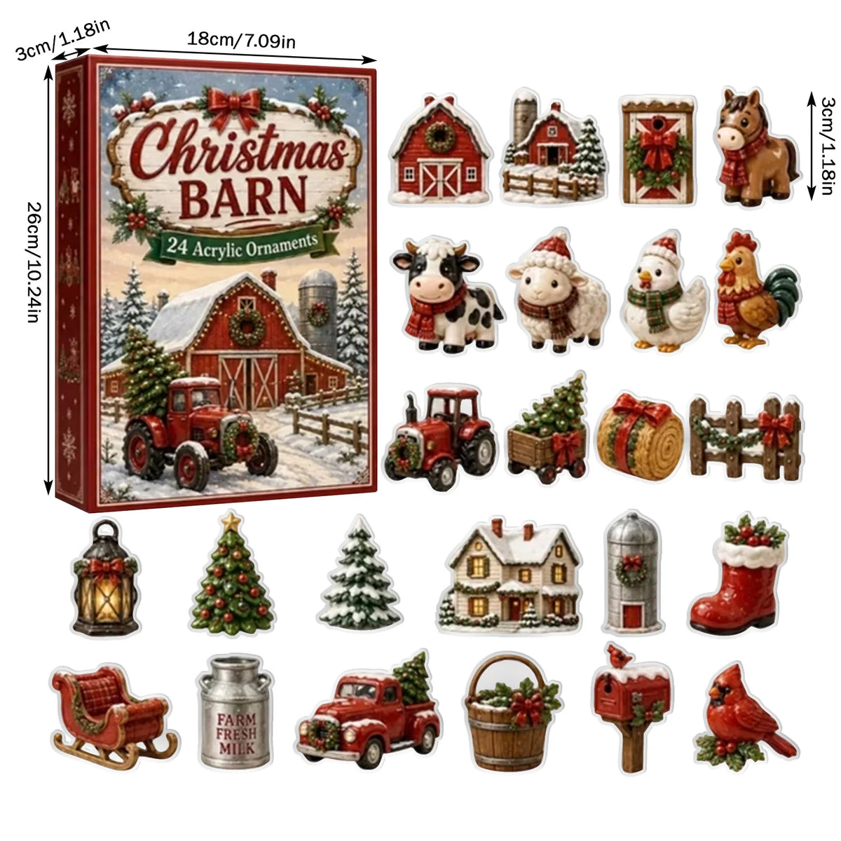 Christmas Barn Advent Calendar 2026 – 24-Day Countdown with Acrylic Ornaments