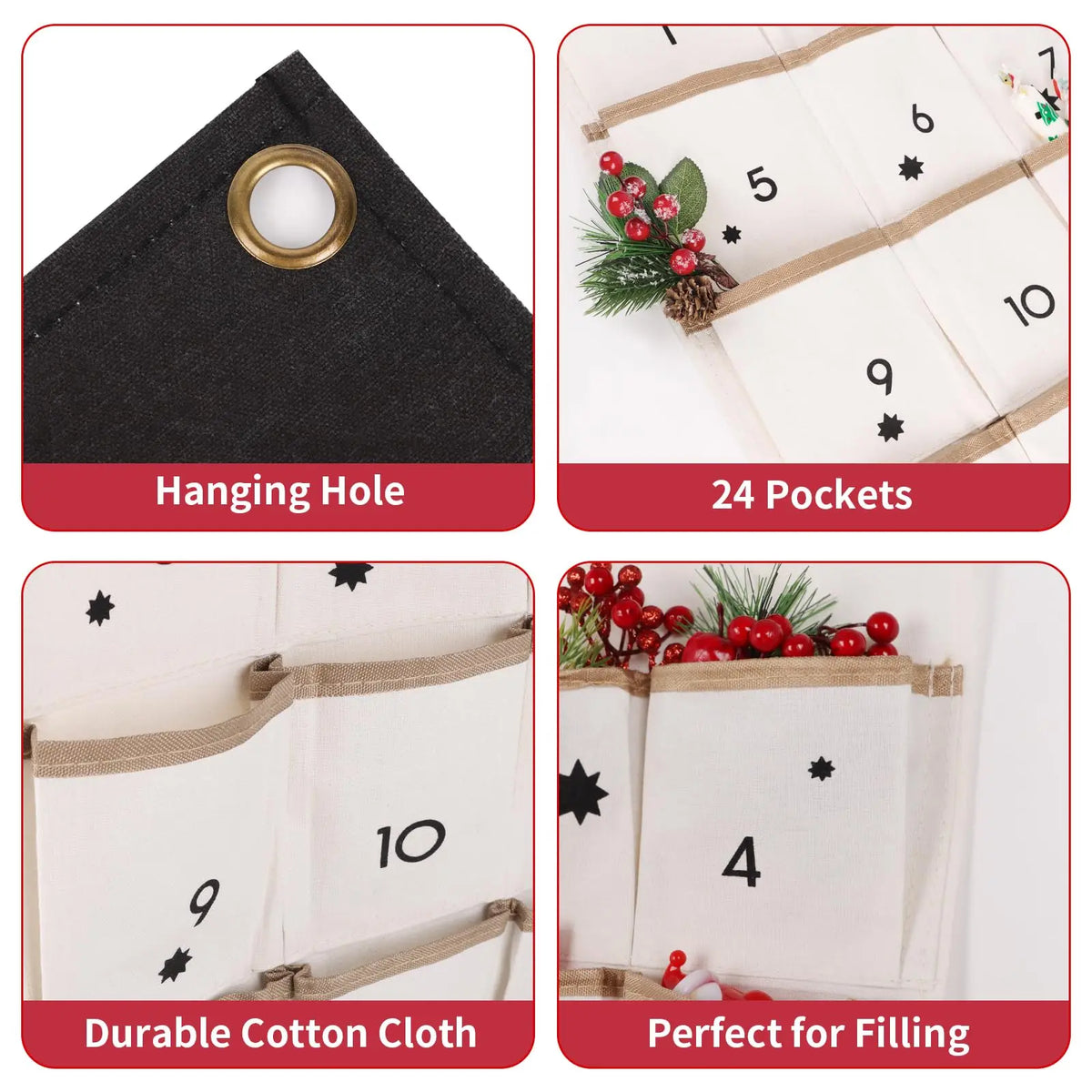 Reusable Christmas Advent Calendar with 24 Pockets – Wall Hanging Countdown Decor