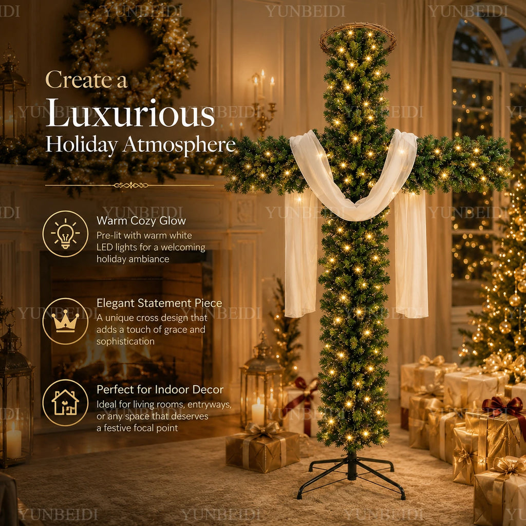 Pre-Lit Cross-Shaped Christmas Tree with Warm LED Lights – 5FT/6FT