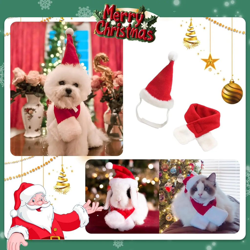 Christmas Pet Santa Hat & Scarf Set – Adjustable Costume for Dogs & Cats