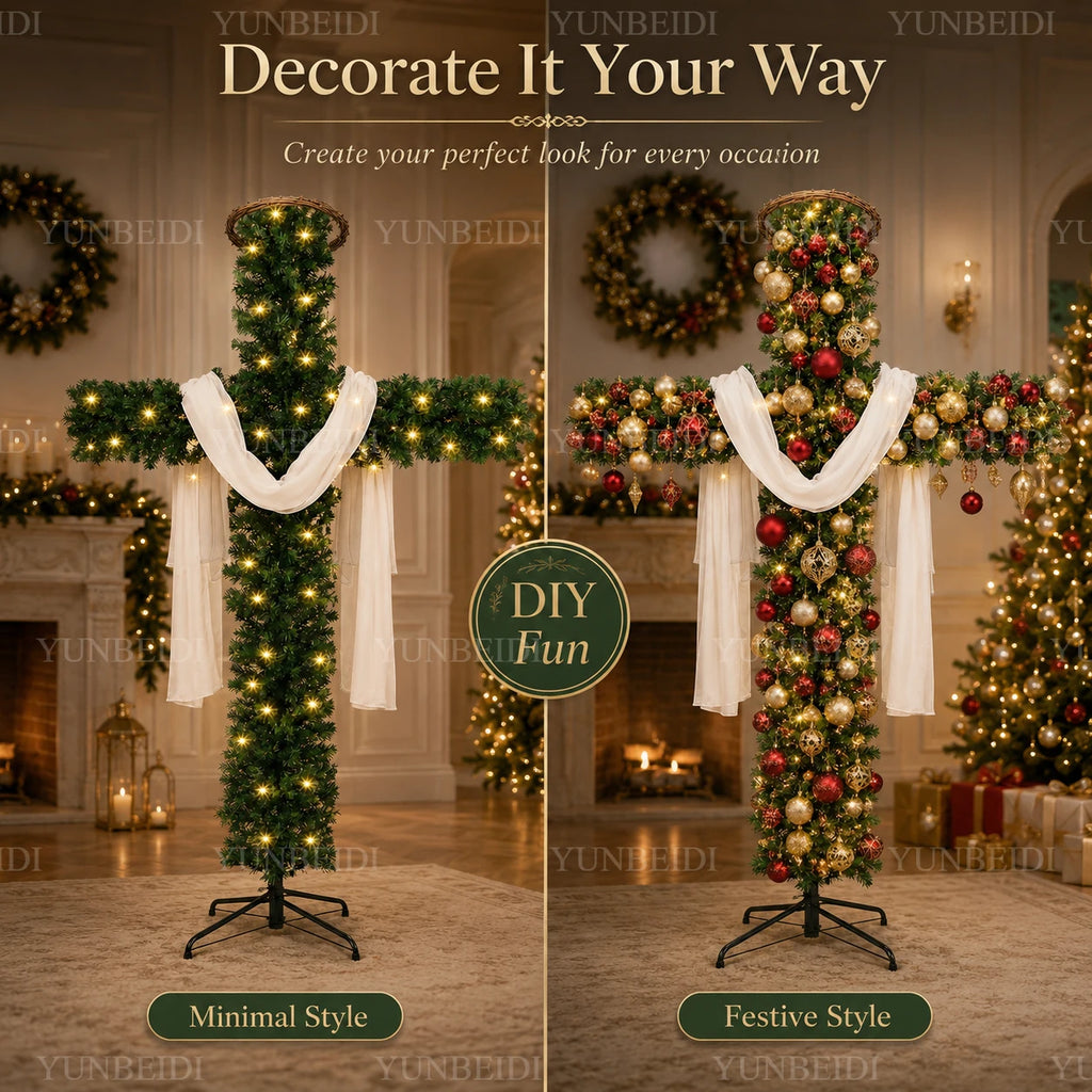 Pre-Lit Cross-Shaped Christmas Tree with Warm LED Lights – 5FT/6FT