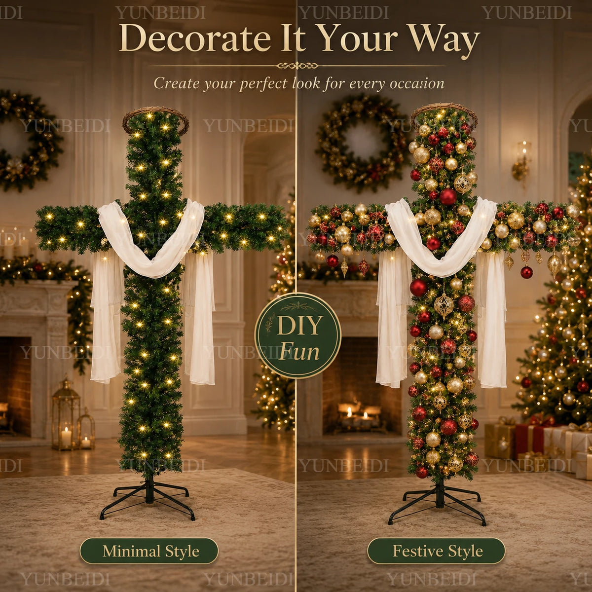 Pre-Lit Cross-Shaped Christmas Tree with Warm LED Lights – 5FT/6FT
