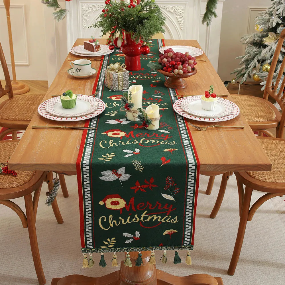 Christmas Jacquard Table Runner with Deer Design & Fringe