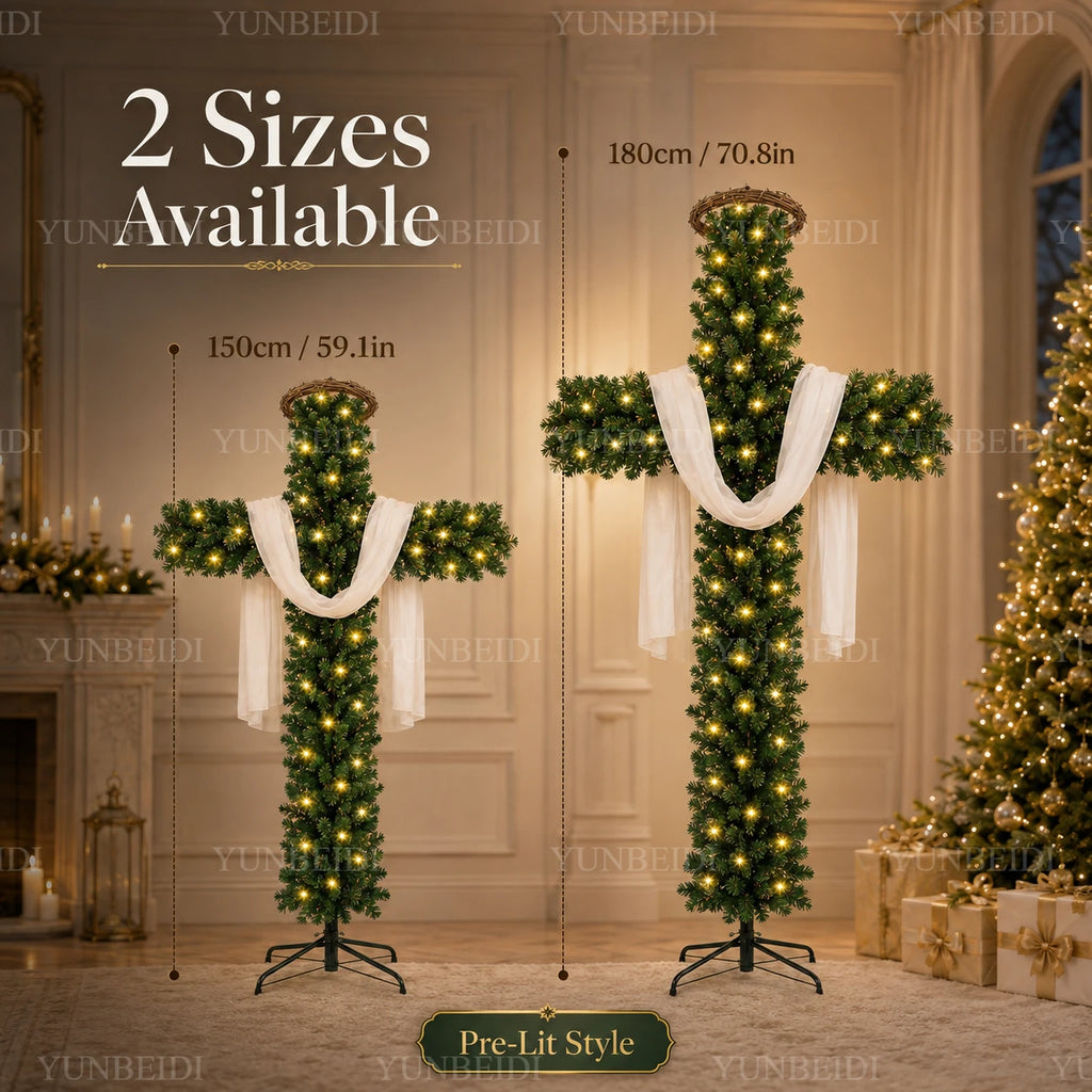 Pre-Lit Cross-Shaped Christmas Tree with Warm LED Lights – 5FT/6FT