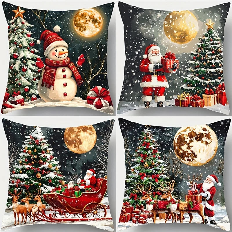 4-Pack Christmas Pillow Covers – Snowman & Reindeer Holiday Decor