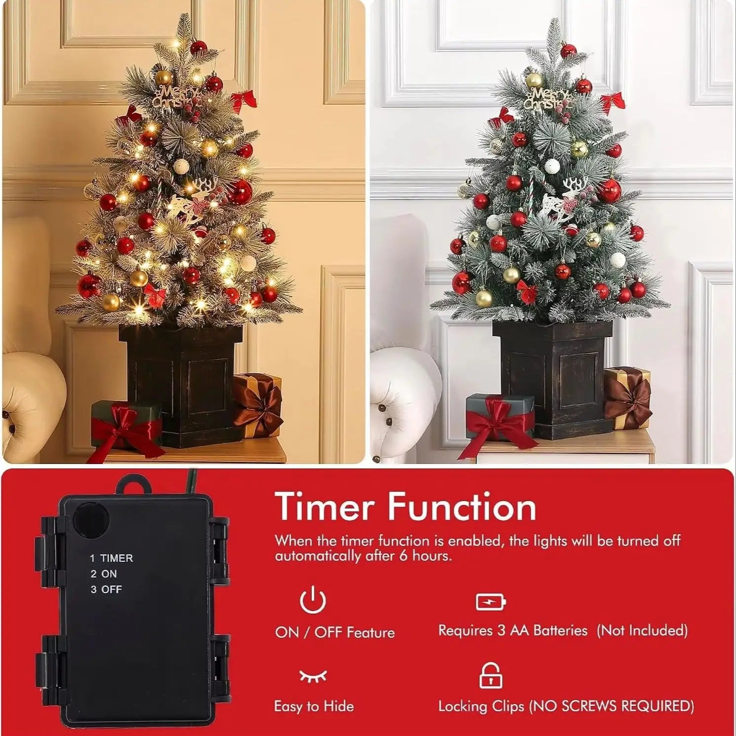 3FT Pre-Lit Snow Flocked Artificial Christmas Tree with 78 LED Lights & Timer