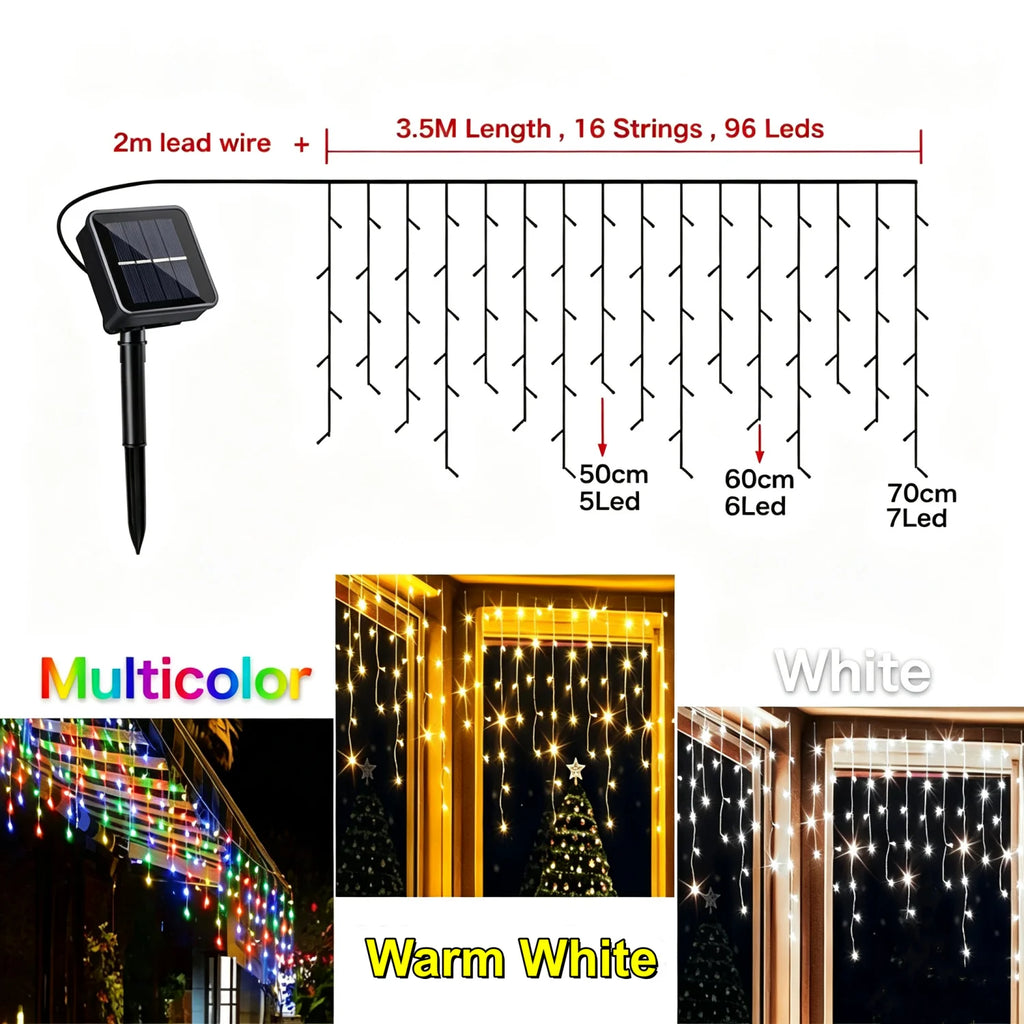 Solar Icicle String Lights – 96/162 LED Outdoor Christmas Curtain Lights