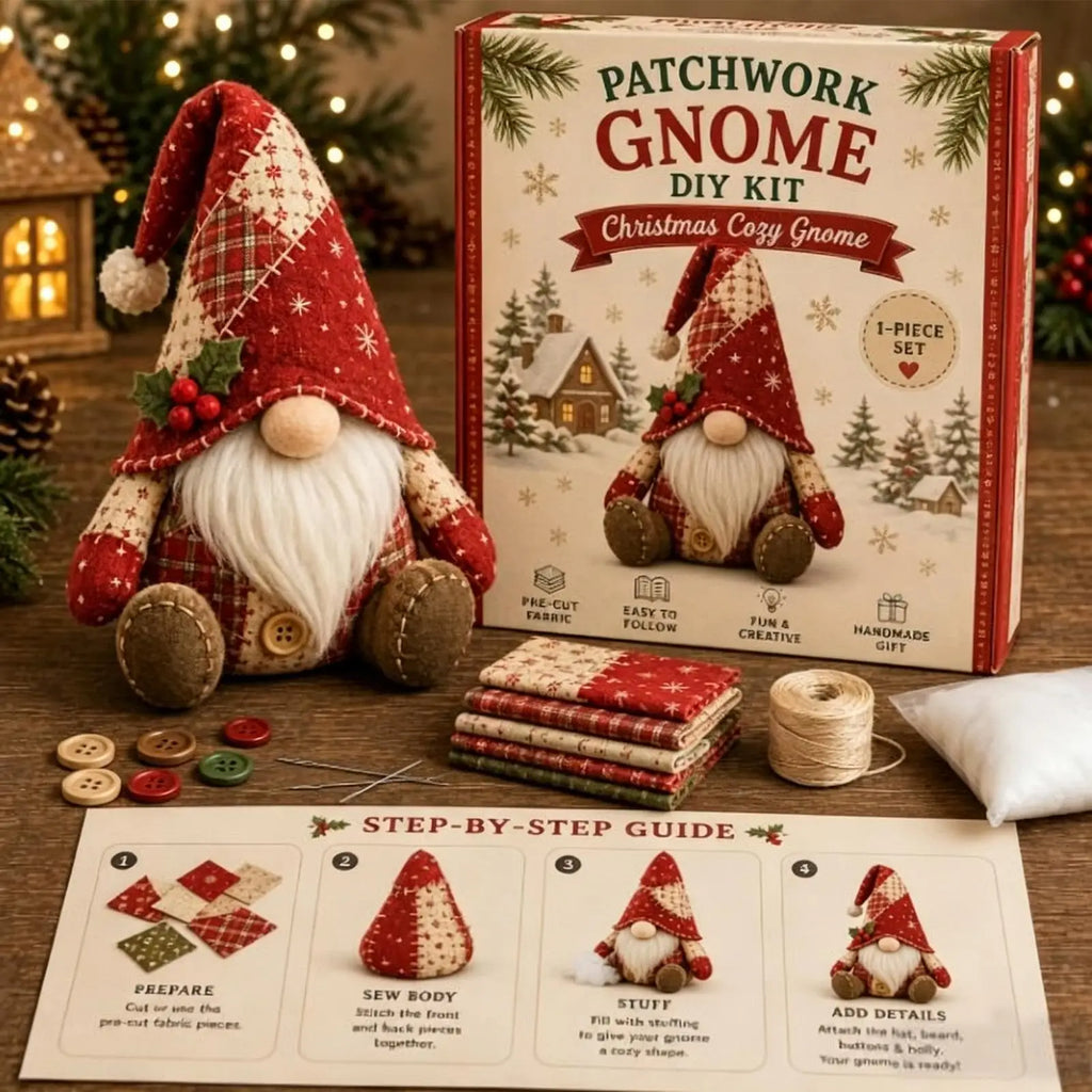 DIY Christmas Gnome Sewing Kit – Cute Patchwork Dwarf Craft Set for Beginners & Holiday Décor
