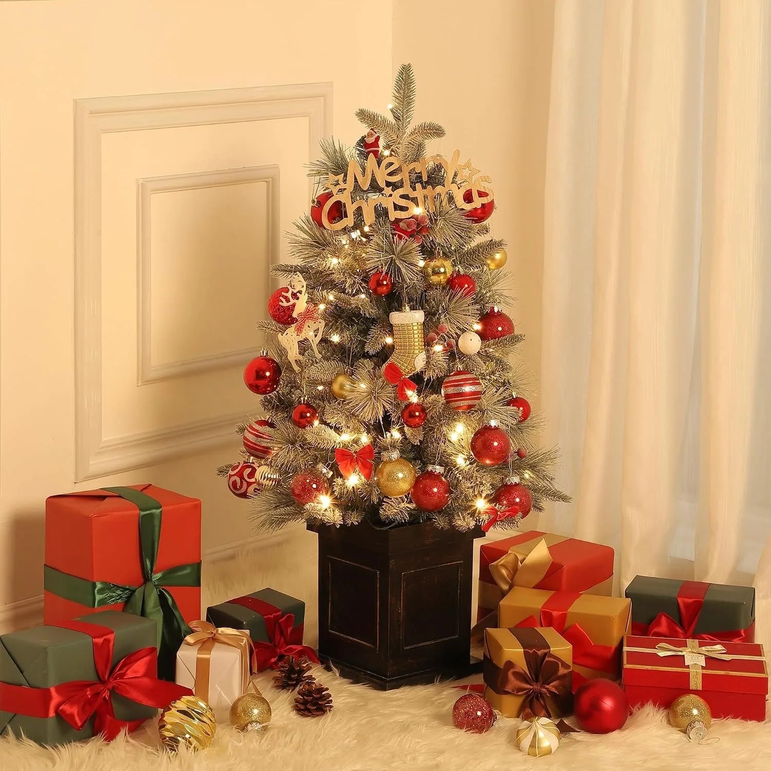 3FT Pre-Lit Snow Flocked Artificial Christmas Tree with 78 LED Lights & Timer