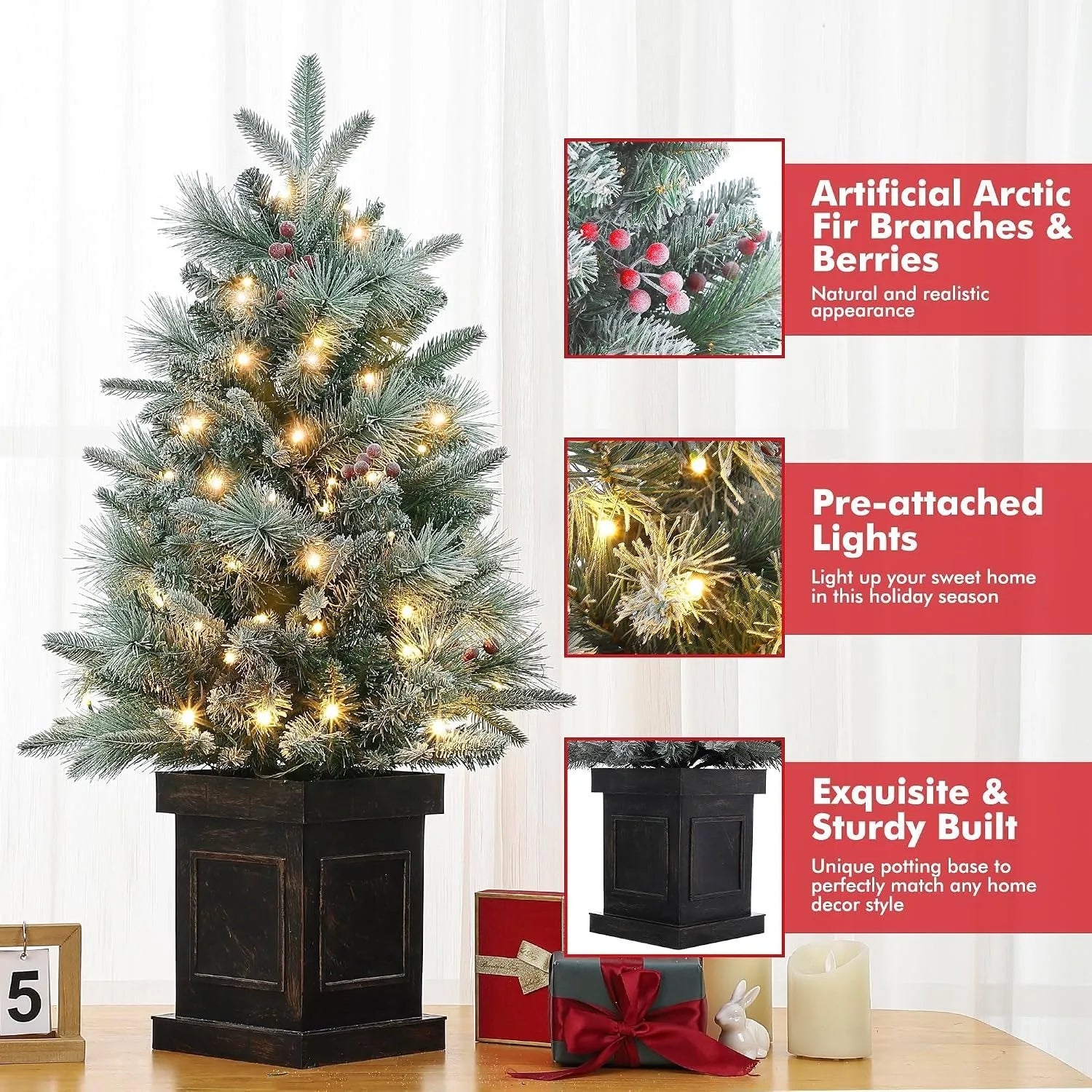 3FT Pre-Lit Snow Flocked Artificial Christmas Tree with 78 LED Lights & Timer