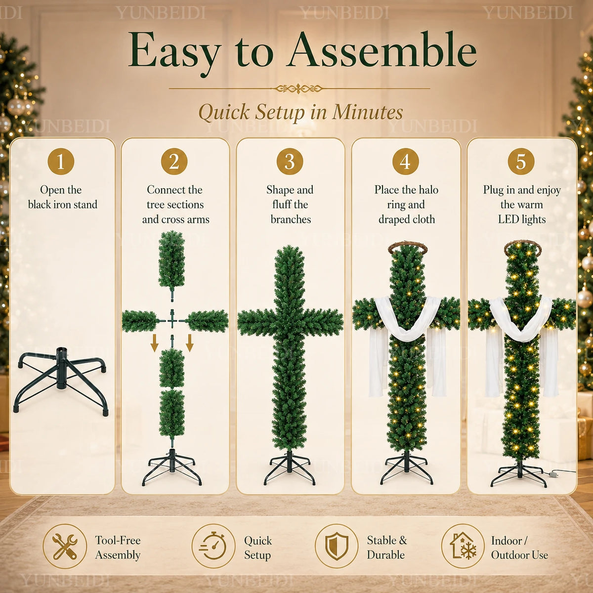 Pre-Lit Cross-Shaped Christmas Tree with Warm LED Lights – 5FT/6FT