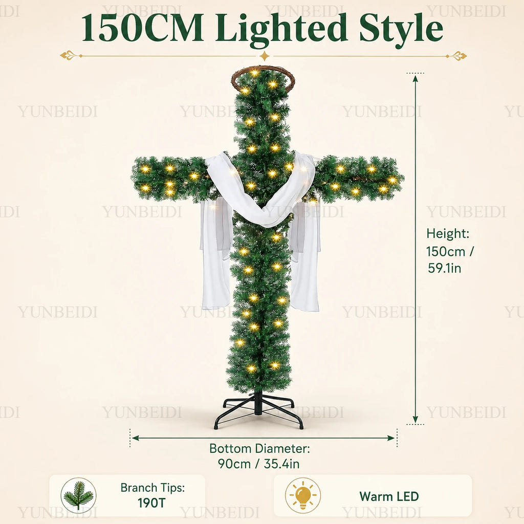 Pre-Lit Cross-Shaped Christmas Tree with Warm LED Lights – 5FT/6FT