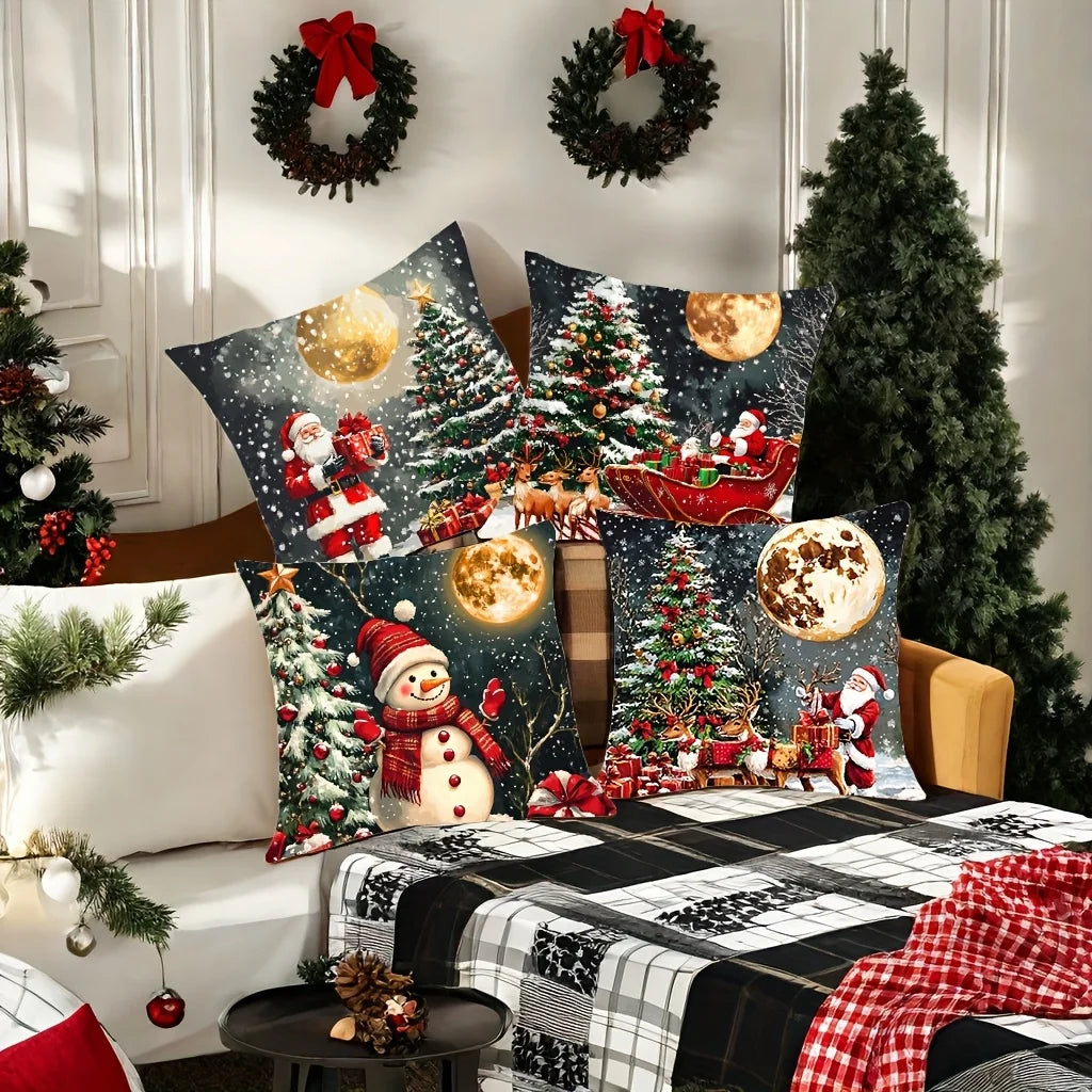 4-Pack Christmas Pillow Covers – Snowman & Reindeer Holiday Decor