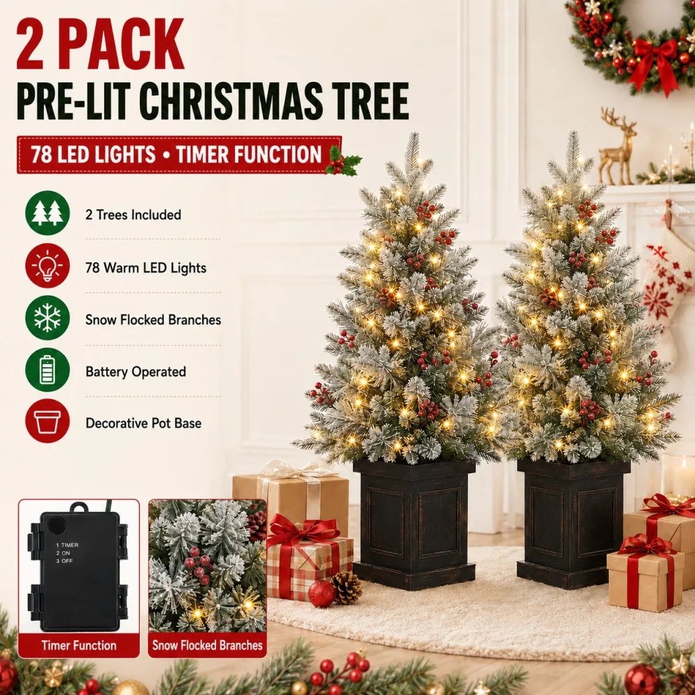 3FT Pre-Lit Snow Flocked Artificial Christmas Tree with 78 LED Lights & Timer