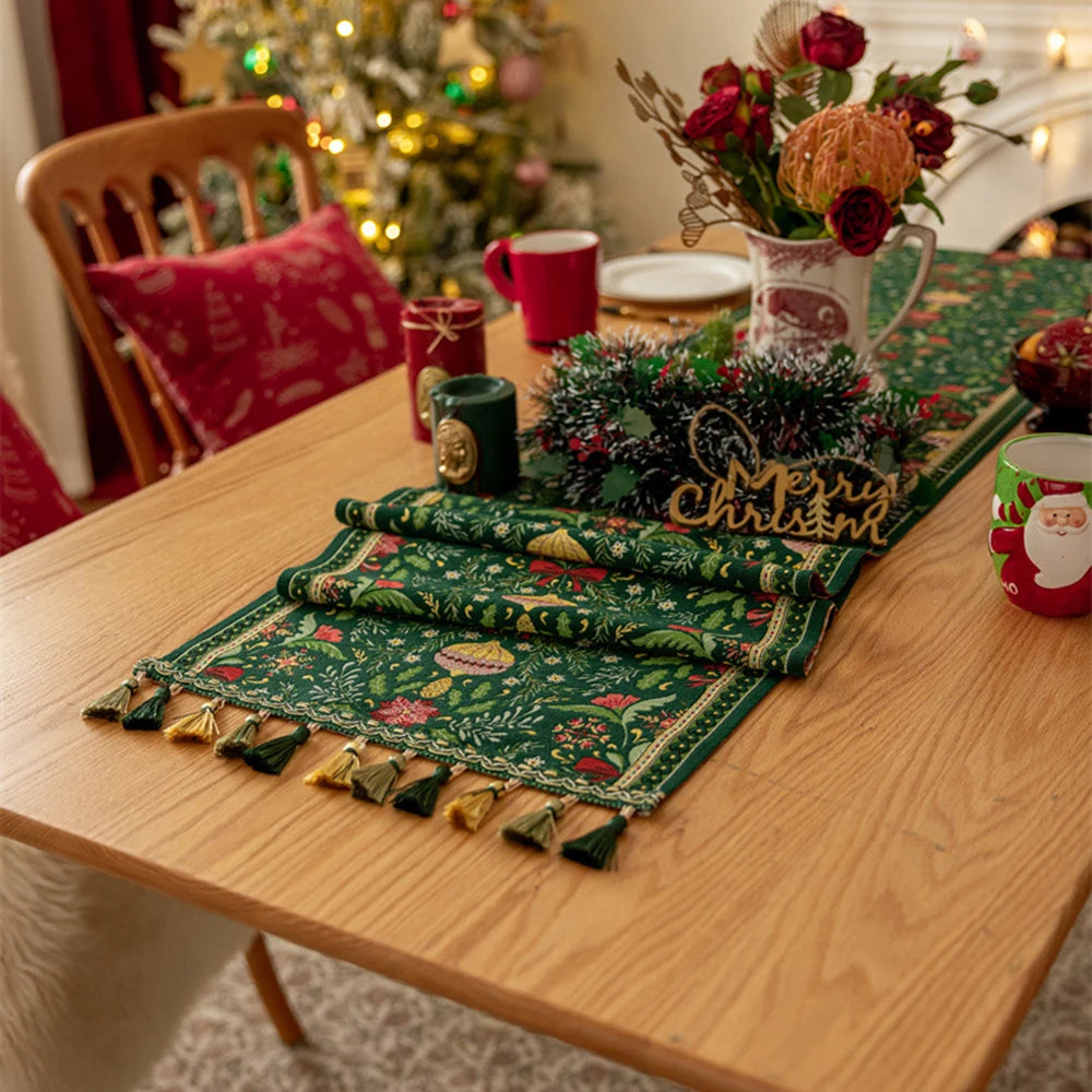 Christmas Jacquard Table Runner with Deer Design & Fringe