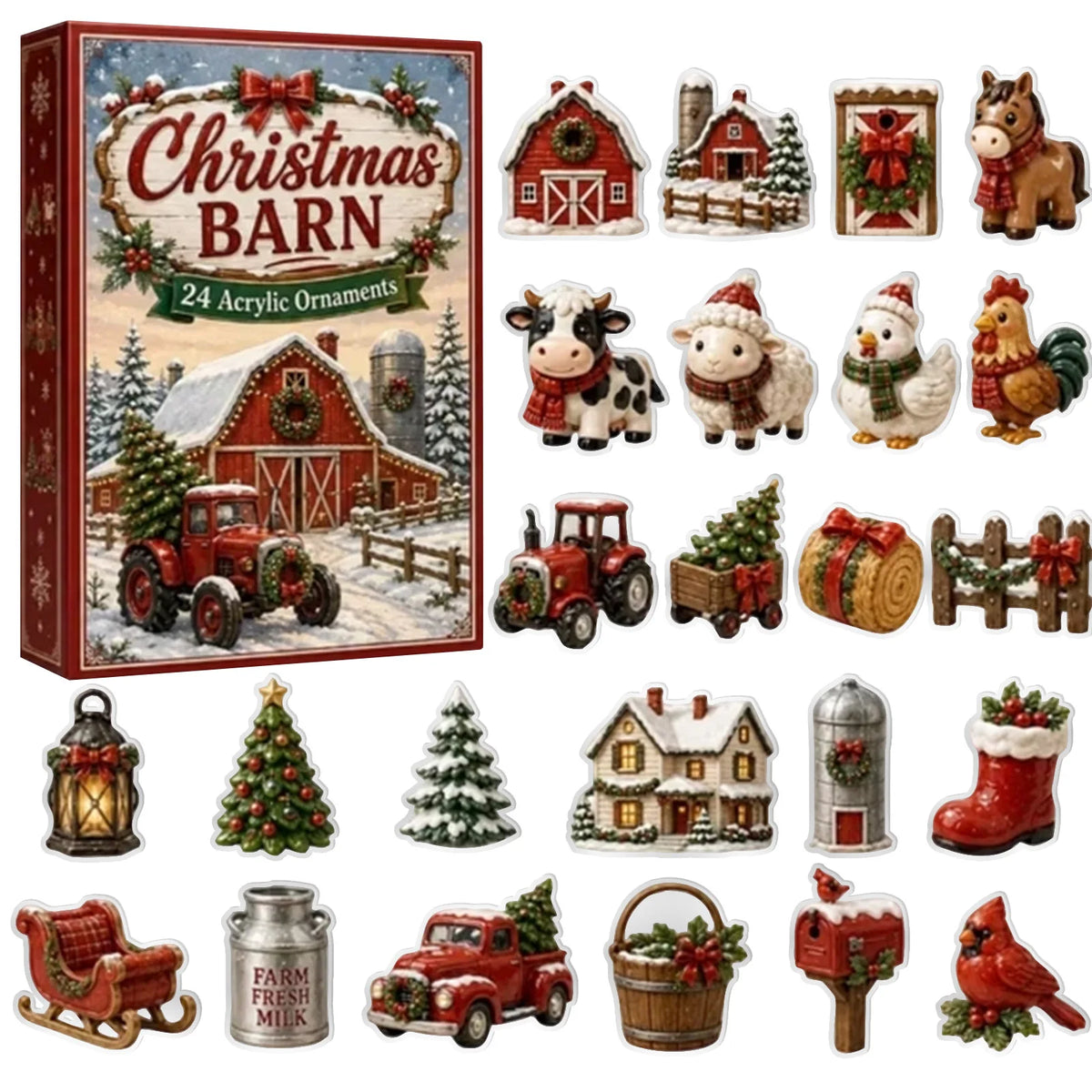Christmas Barn Advent Calendar 2026 – 24-Day Countdown with Acrylic Ornaments