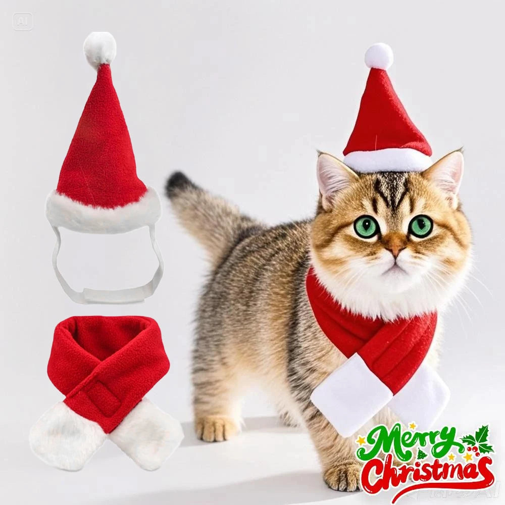 Christmas Pet Santa Hat & Scarf Set – Adjustable Costume for Dogs & Cats